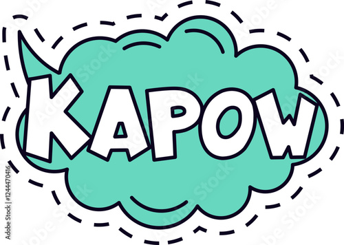 Kapow word is exploding inside a turquoise thought bubble with a dotted line contour, adding a dynamic and expressive element to graphic novels or comic strips