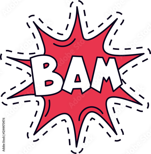 Comic explosion with bam lettering over a red star with dotted contour expressing surprise, excitement, and astonishment, ideal for comic books and graphic novels