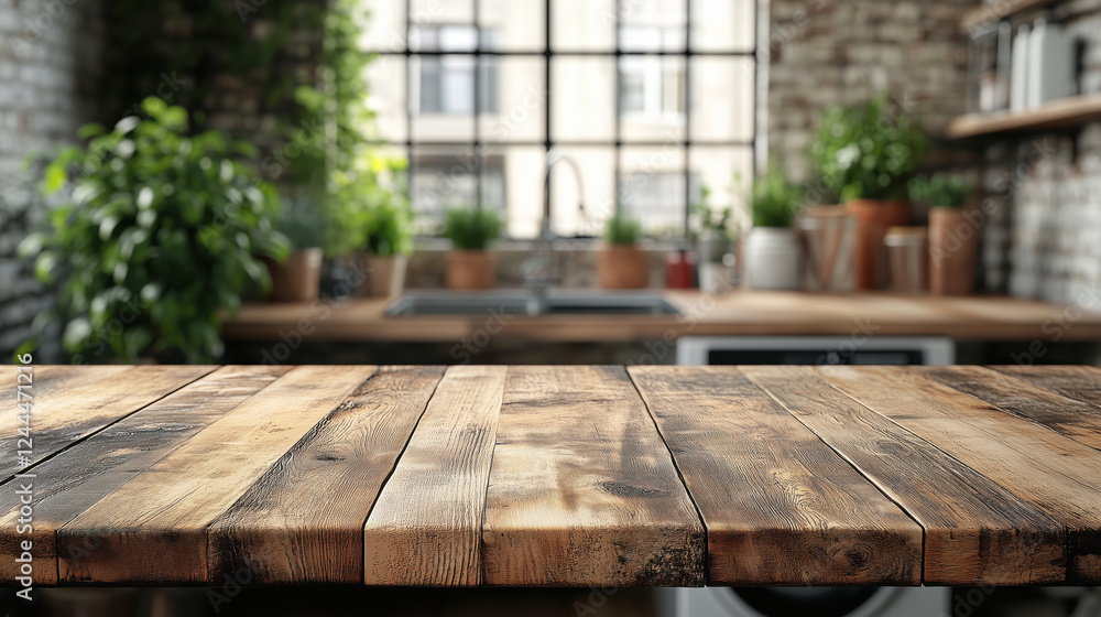 Rustic wooden countertop in modern kitchen setting Rustic wooden countertop in modern kitchen setting