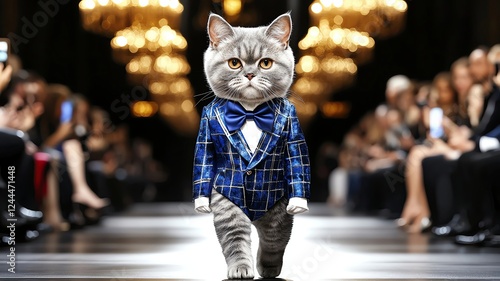 British Shorthair in Designer Suit - Walking Like a True Gentleman in a Tuxedo, A distinguished British Shorthair cat confidently walks the grand runway in a meticulously tailored designer tuxedo, com