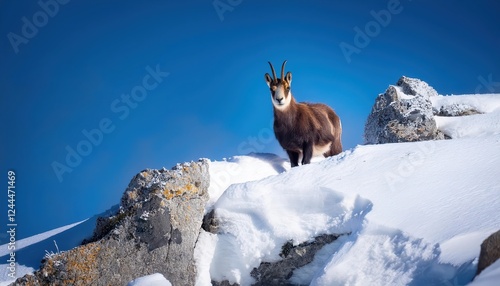 Majestic Chamois Grazing on Snowy Peaks of Spains Breathtaking Picos de Europa National Park, Amidst a Winter Wonderland Scene photo