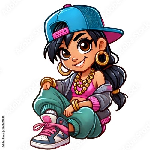 Cartoon fashion girl Hip-hopper, sweatshirt, sneakers, cap, tracksuit and chains. The spirit of freedom, determination and energy. AI generated.