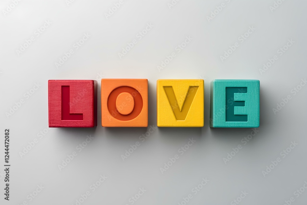 Letter cubes that spell out the word LOVE, minimalist background Letter cubes that spell out the word LOVE, minimalist background