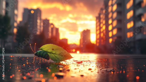 A leaf-like insect walking on a wet urban street with glowing reflections and sunset-lit buildings in the background photo