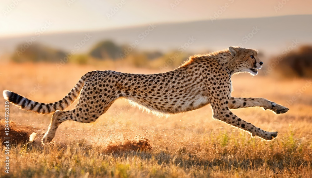 Obraz premium Powerful and Graceful Adult Cheetah, Acinonyx jubatus, Sprinting through Savannah at Dawn, Majestic Movement in the African Plains