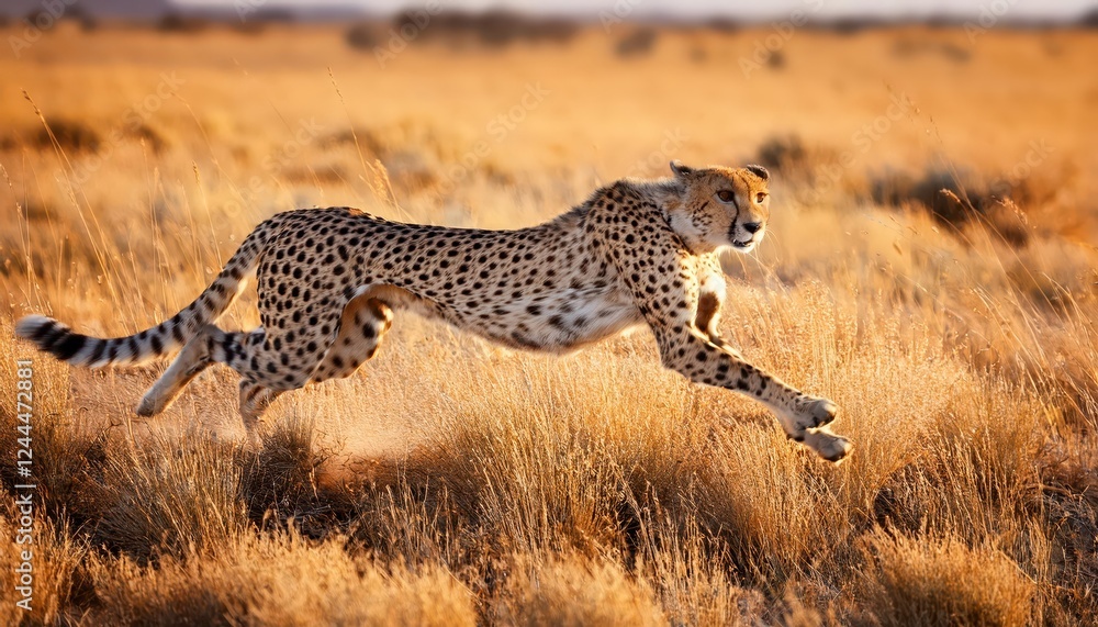 Vigorous Adult Cheetah Acinonyx jubatus Dashing through Savannah Grasslands at Dawn A Symphony of Speed and Serenity in African Wildlife Photography Vigorous Adult Cheetah Acinonyx jubatus Dashing through Savannah Grasslands at Dawn A Symphony of Speed and Serenity in African Wildlife Photography