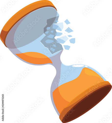 Cartoon broken hourglass with sand pouring out of cracked glass, symbolizing deadline or wasted time