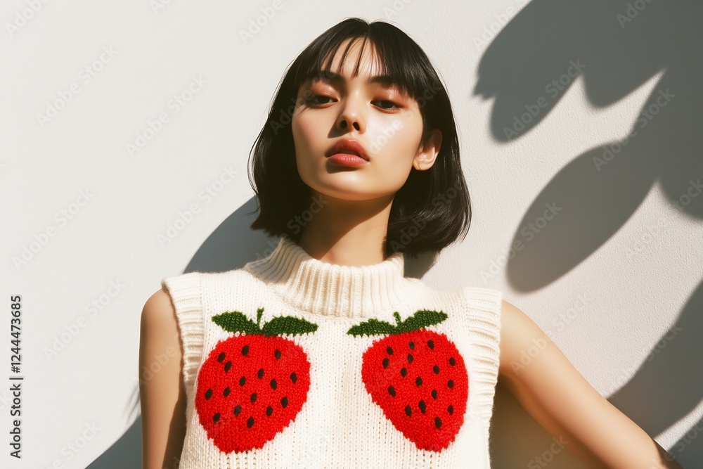 cropped, sleeveless knit sweater in soft white with a bold red strawberry motif, paired with slim-fit black capri pants cropped, sleeveless knit sweater in soft white with a bold red strawberry motif, paired with slim-fit black capri pants