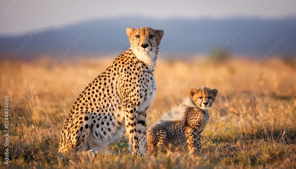 Striking Portrait of a Cheetah and Cub in Grassland, Wild Africa at Golden Hour, Depicting Playful Energy with Harmonious Symmetry Striking Portrait of a Cheetah and Cub in Grassland, Wild Africa at Golden Hour, Depicting Playful Energy with Harmonious Symmetry