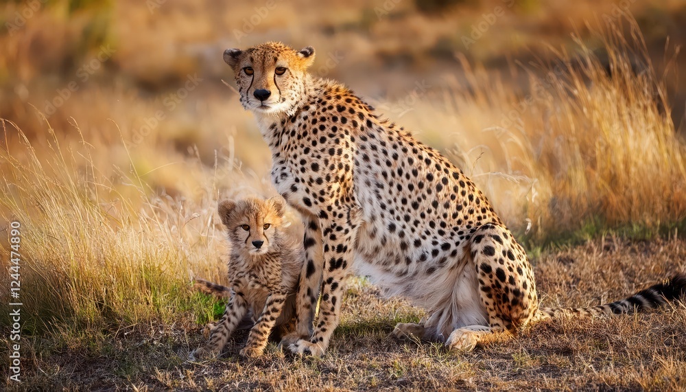 Majestic Moment Two Cheetah Cubs Gazing into the African Savannah Sunset, Surrounded by Golden Grasses and Endless Horizon Majestic Moment Two Cheetah Cubs Gazing into the African Savannah Sunset, Surrounded by Golden Grasses and Endless Horizon