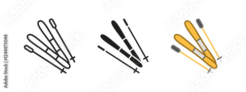 Ski equipment icon. Winter sport vector illustration. Alpine skis with poles symbol. Downhill adventure and snow recreation sign. Extreme outdoor competition concept.