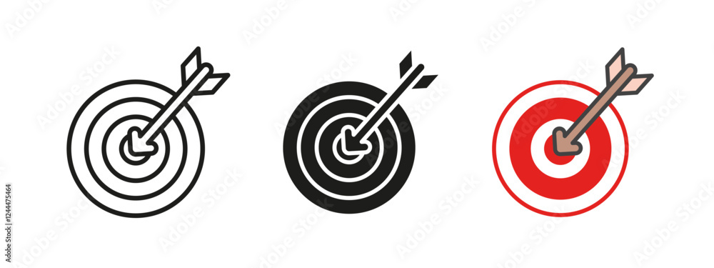 Target arrow icon. Goal achievement vector illustration. Accuracy success symbol. Business strategy focus sign. Competition marketing objective concept. Target arrow icon. Goal achievement vector illustration. Accuracy success symbol. Business strategy focus sign. Competition marketing objective concept.