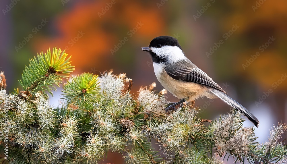 Fototapeta premium Vibrant Chickadee Perched on Snowy Pine Bough in Winter Wonderland, Enchanting New England Scene Showcasing the Beauty of a Maine Forest.