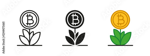 Bitcoin value gain icon. Cryptocurrency growth vector illustration. Digital finance investment symbol. Wealth profit savings sign. Blockchain economy value design.