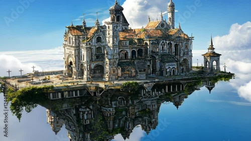 Floating ancient castle with intricate architecture and a reflective surface under a clear blue sky
