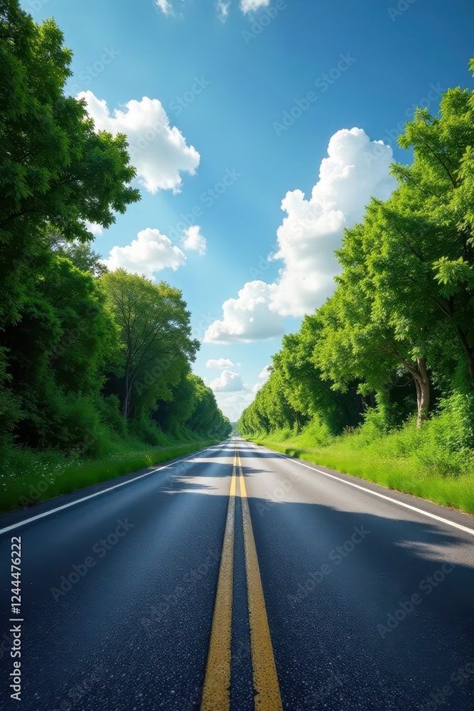 Dark grey asphalt contrasting bright summer sky, scenic, transportation