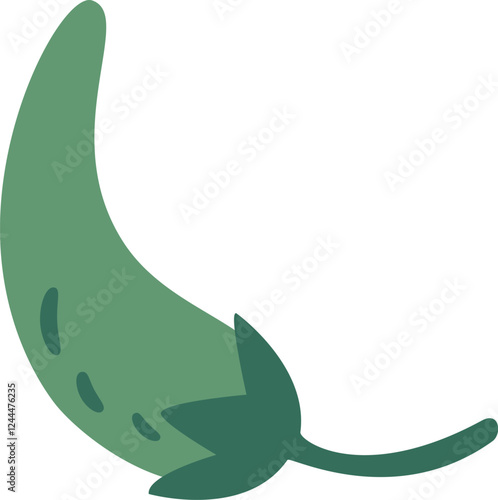 Single green chili pepper featuring a stem and downward pointing leaves, isolated against a clean white background, presented in a simple cartoon style illustration