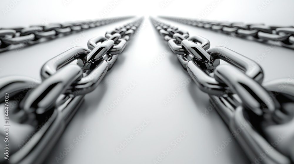 Fototapeta premium Converging metallic chains on white background, strength, connection