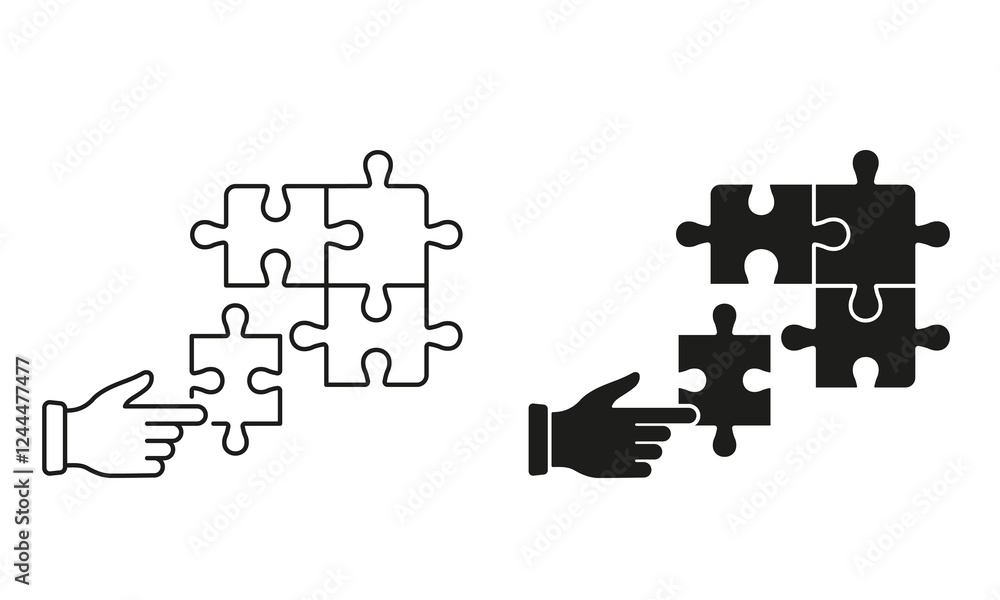 Connect Parts of Puzzle Sign. Human Hand and Jigsaw Line and Silhouette Icon Set. Team Game, Puzzle Strategy Solution Sign. Brainstorming Concept. Editable Stroke. Isolated Vector Illustration Connect Parts of Puzzle Sign. Human Hand and Jigsaw Line and Silhouette Icon Set. Team Game, Puzzle Strategy Solution Sign. Brainstorming Concept. Editable Stroke. Isolated Vector Illustration