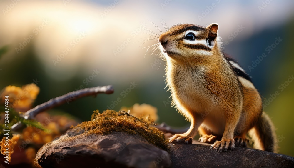 Fototapeta premium Playful Chipmonk Frolicking Amongst SnowCovered Trees in a Serene Winter Forest, Capturing the Enchantment of Natures Whiteness and the Spirited Motion of this Small Creature.