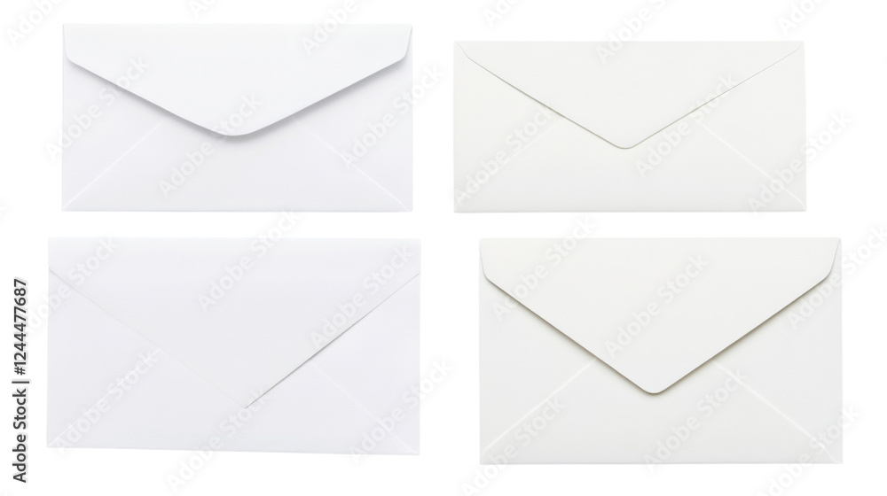 Four blank white envelopes on transparent background showing different positions Four blank white envelopes on transparent background showing different positions
