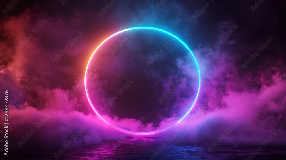 3D Render of Colorful Neon Light Ring with Fog and Clouds on Dark Background