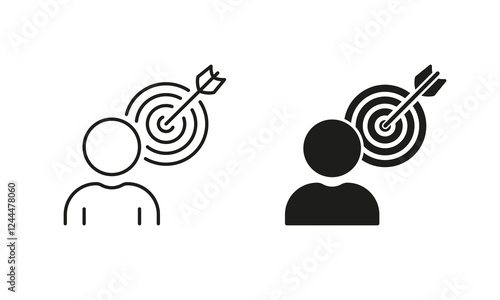 Goal Strategy, Aim Focus Pictogram. Person with Target Line and Silhouette Icon Set. Objective Oriented Human. Dartboard Bullseye and Arrow. Editable Stroke. Isolated Vector Illustration