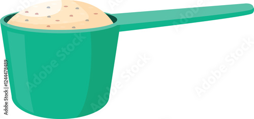 Green plastic measuring scoop or spoon full of vanilla protein or gainer powder, isolated on white background