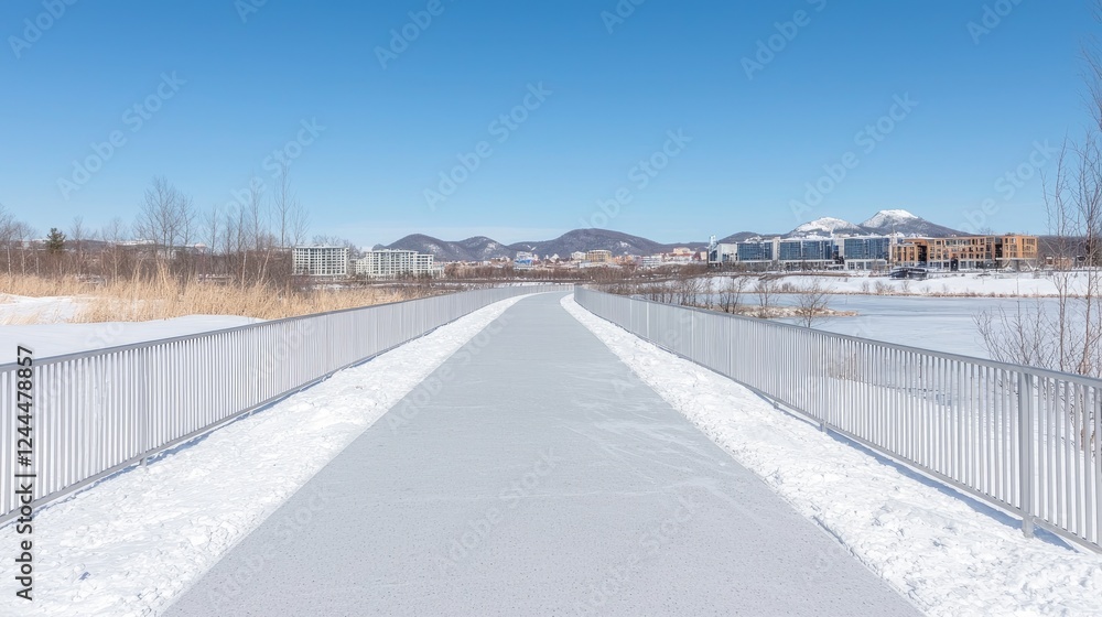 Obraz premium Snowy winter path, city skyline view, background mountains, recreational use