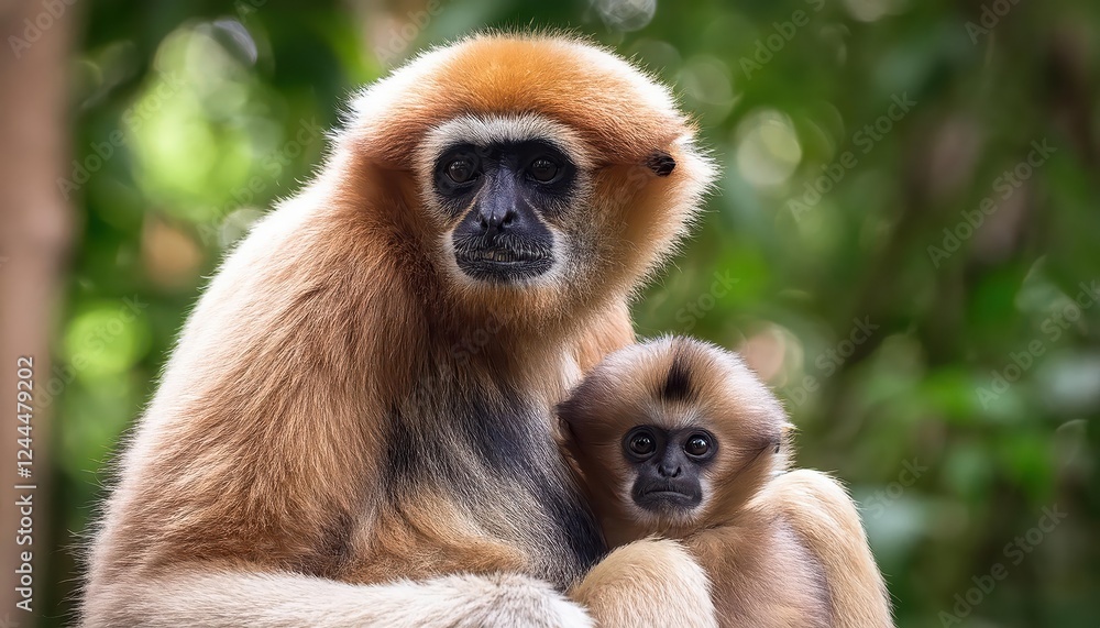Intimate Moment of a Yellow Cheeked Gibbon Mother and Baby in Lush Forest, Vibrant Green Canopy Framing Closeup of Playful Primates Intimate Moment of a Yellow Cheeked Gibbon Mother and Baby in Lush Forest, Vibrant Green Canopy Framing Closeup of Playful Primates