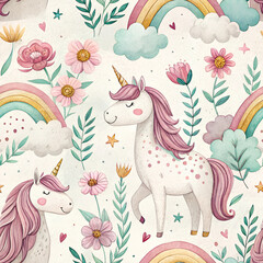 Ingelijste posters Regenboog Patroon met schattige eenhoorns en regenbogen  © anastasia_7em