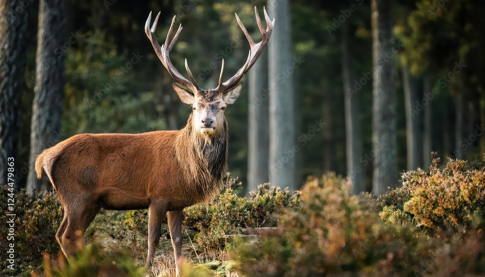 Naklejka premium Majestic Red Deer Stag Standing in Lush Forest A Vivid Portrait of Wildlife and Natures Beauty, Captured on a Winters Afternoon