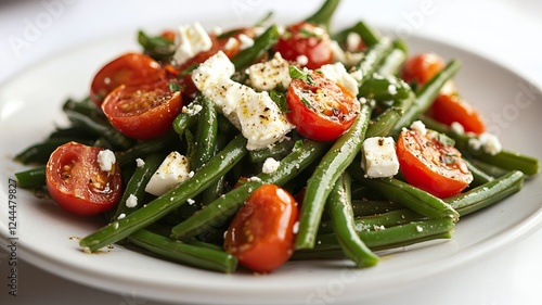 Fresh green bean salad with cherry tomatoes and feta cheese on plate photo