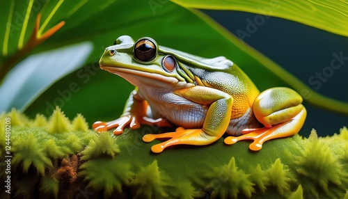 Striking Upclose Portrait of a Frog Perched on a Delicate Leaf in Lush Green Forest, Showcasing the Intricacies of Natures Camouflage and the Vibrant Textures of the Rainforest photo