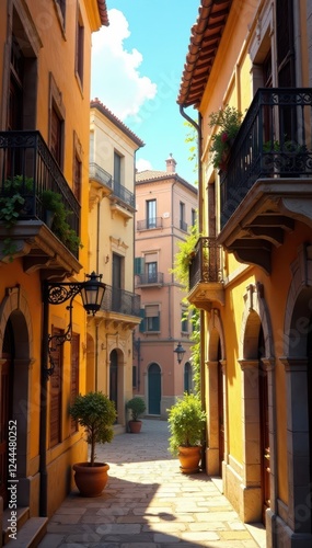 Intricate detailing, ornate balconies, sunlit walls, texture, travel photo