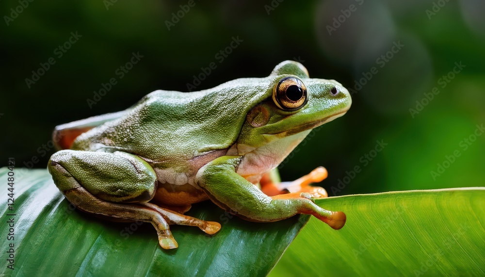 Naklejka premium Vibrant Closeup of a Frog Perched on a Lush Green Leaf Amidst the Peaceful Mystery of a Damp Forest Floor, Highlighting the Intricacies and Beauty of the Natural World