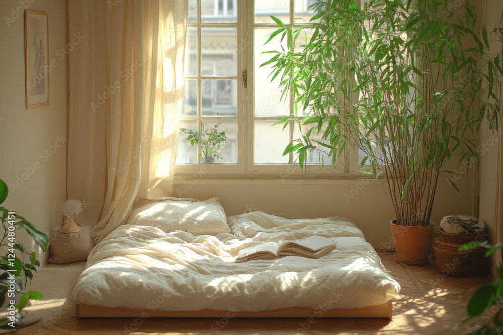 Fototapeta premium Minimalistic white bedroom with natural light and clean design