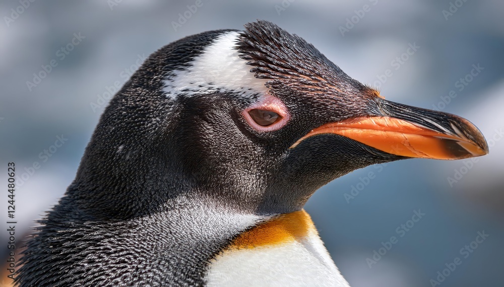 Naklejka premium Striking Closeup of a Penguin Black and White Stripes Contrasting with Icy Antarctic Landscape, Emphasizing Purity and Boldness in the Frozen Wilderness