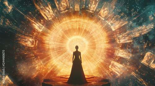 Divine feminine archetype radiating sacred geometry cosmic background ethereal glow spiritual symbolism. Sacred Spaces & Temples. Illustration