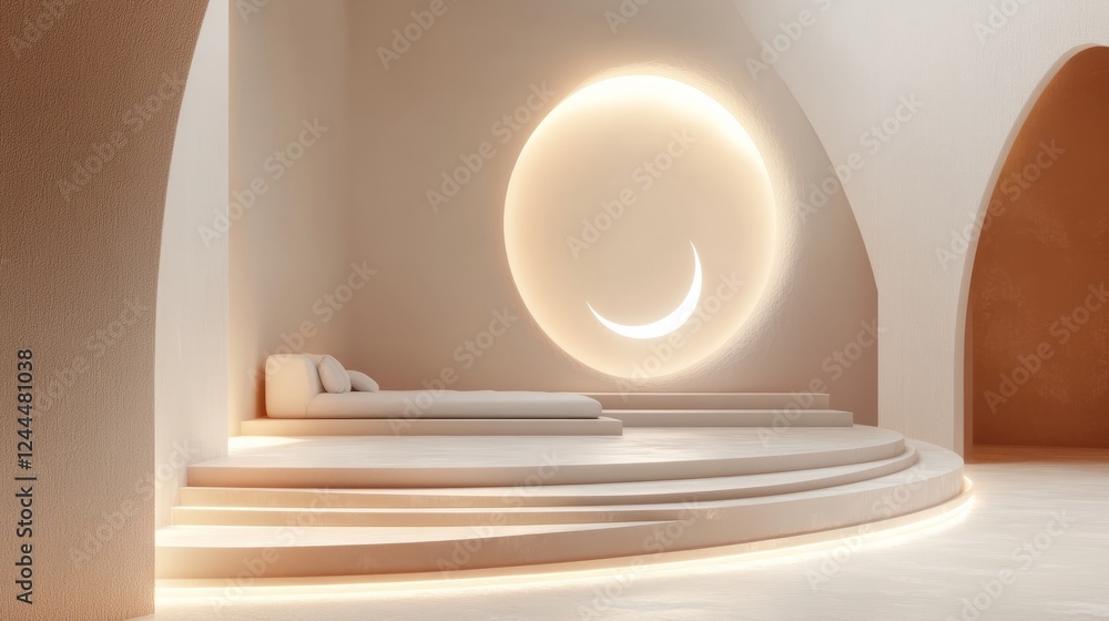 Obraz premium A close-up view of a minimalist Ramadan podium with clean lines and a small crescent moon, softly lit to create a peaceful and elegant atmosphere