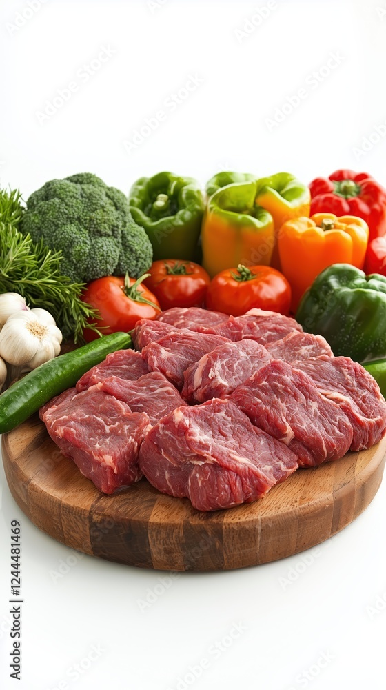 Fresh raw beef with colorful vegetables on wooden cutting board Fresh raw beef with colorful vegetables on wooden cutting board