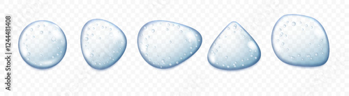 Clear drops realistic vector illustration set. liquid cosmetic oil droplet. Collagen gel texture, skincare product