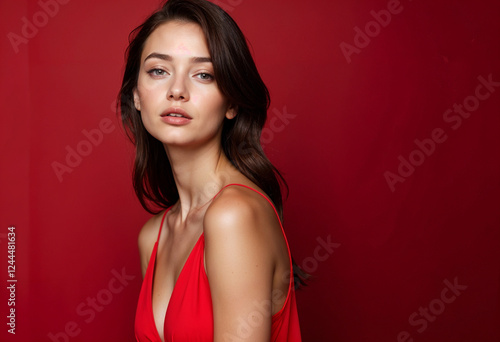 Wallpaper Mural A beautiful woman with long brown hair poses in a red dress against a crimson backdrop. Her makeup is natural and flawless. The image is elegant and sophisticated. Torontodigital.ca