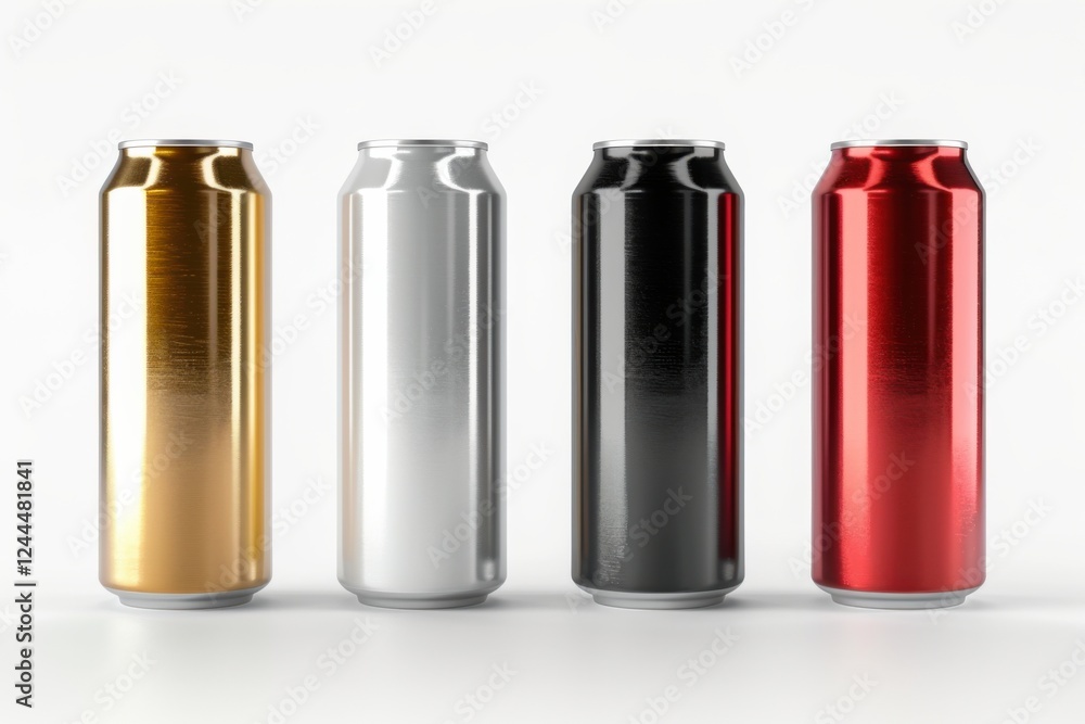 Four aluminum slim cans in different colors (silver, white, black, red), isolated on a white background, 3D beer can mockup template Four aluminum slim cans in different colors (silver, white, black, red), isolated on a white background, 3D beer can mockup template