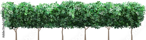 Lush green trees adorned with delicate white flowers create a stunning natural border, fostering a serene and private atmosphere while enhancing the beauty of the surrounding landscape