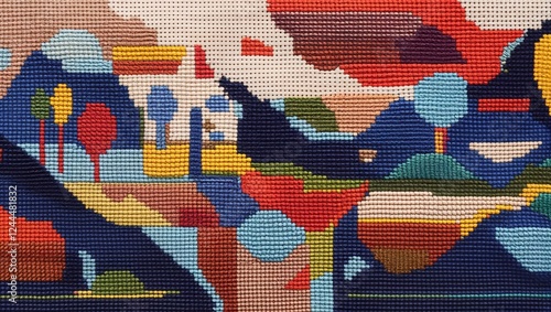 Abstract landscape created with needlepoint craft texture art with hills trees and sky