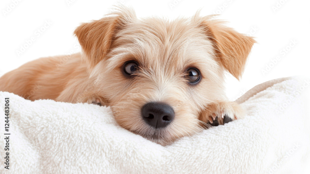 Adorable puppy resting on soft white blanket with transparent background Adorable puppy resting on soft white blanket with transparent background