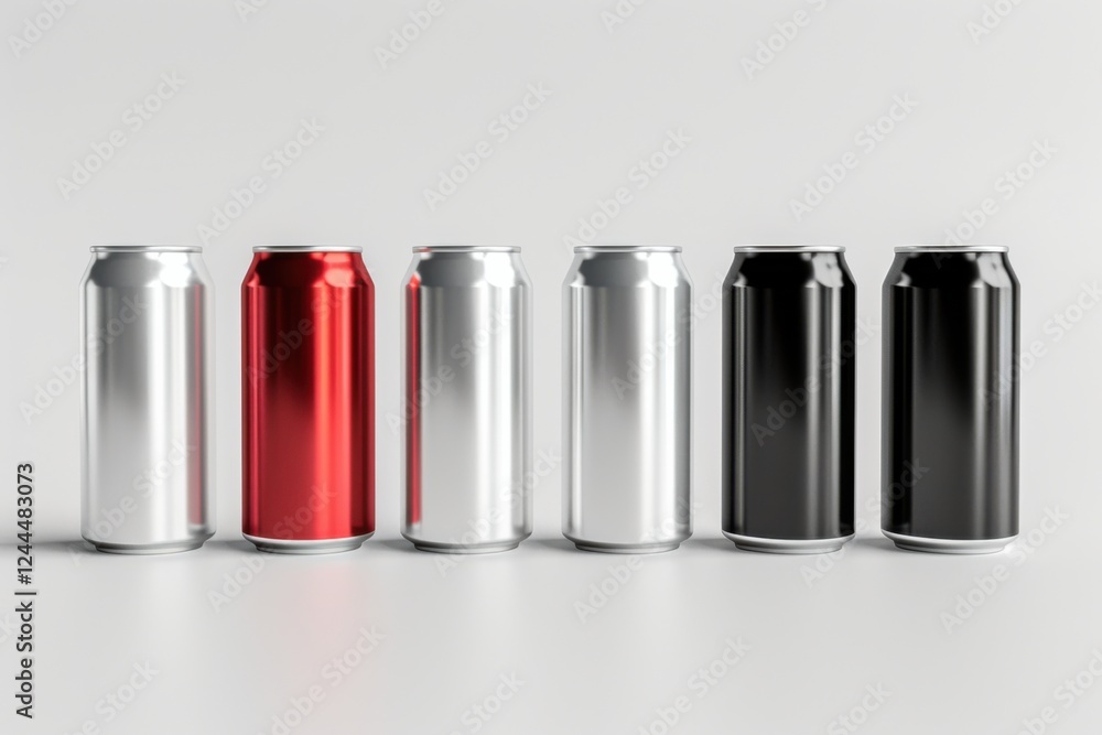 High-quality 3D render of aluminum slim cans in silver, white, black, and red, arranged on an isolated white background, perfect for beer can mockup templates High-quality 3D render of aluminum slim cans in silver, white, black, and red, arranged on an isolated white background, perfect for beer can mockup templates