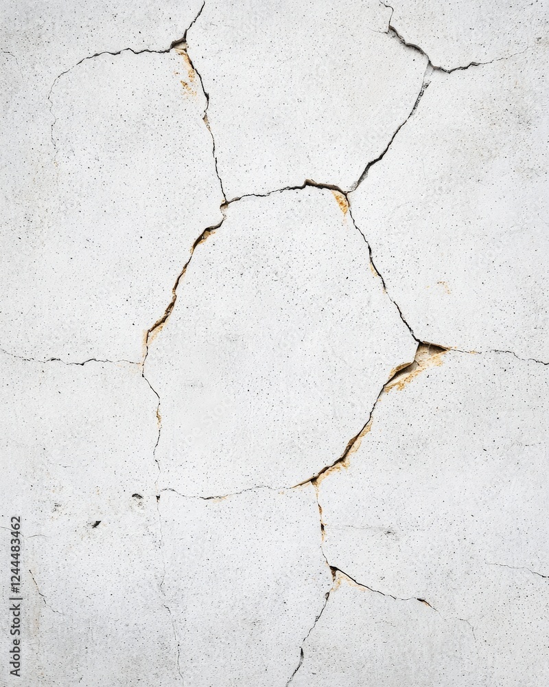 Fototapeta premium Close-up view of a cracked white wall, revealing intricate patterns and textures that add character and depth to architectural surfaces.