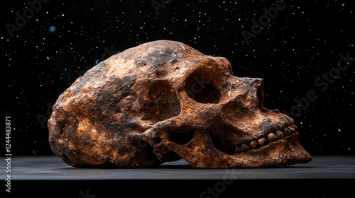Ancient human skull fossil positioned against starry night sky background, showcasing archaeological discovery and human evolution research